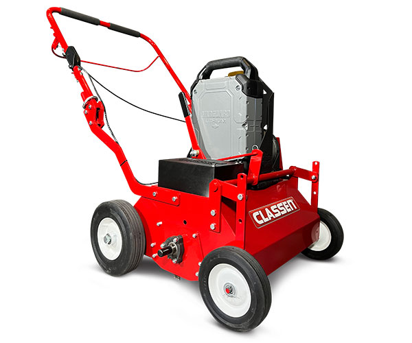 A battery-powered turf rake made by Schiller Grounds Care’s brand Classen