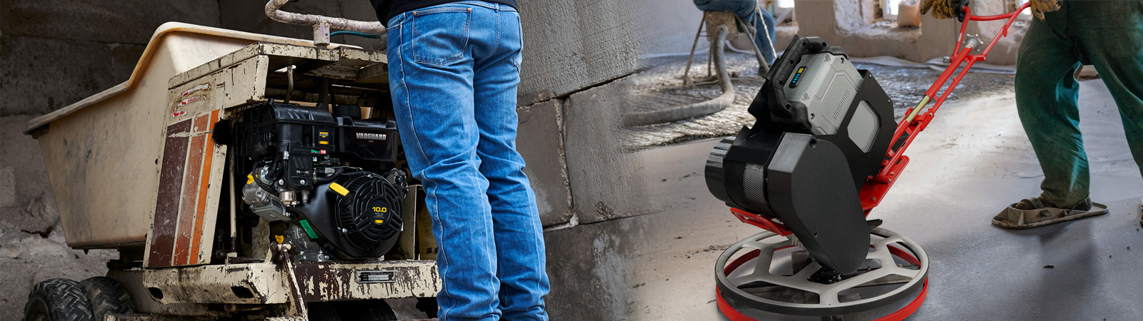 Banner of battery powered concrete equipment and commercial engines