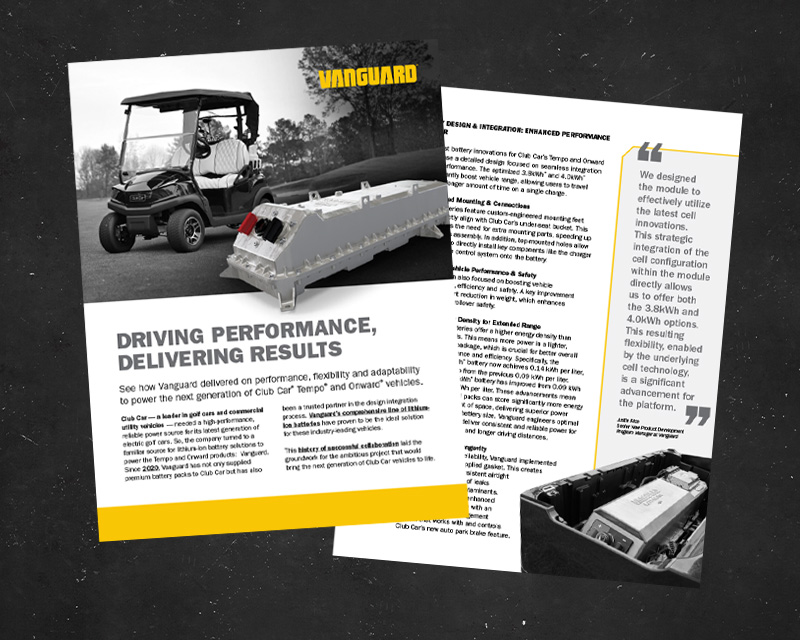 Two pages from the Club Car case study on a black background showing integration of Vanguard battery packs with Club Car golf carts.