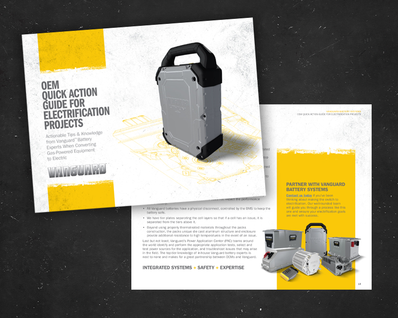 Two pages from the OEM Quick Action Guide for Electrification Projects overlap each other on a black background.
