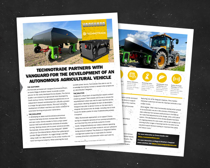 Two pages from the Technotrade case study on a black background.