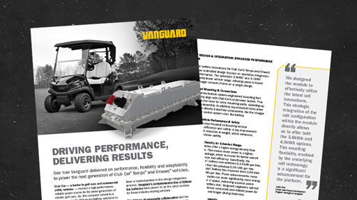 Two pages from the Club Car case study on a black background showing integration of Vanguard battery packs with Club Car golf carts.