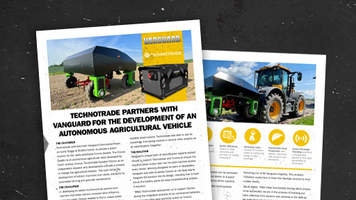 Two pages from the Technotrade case study on a black background.