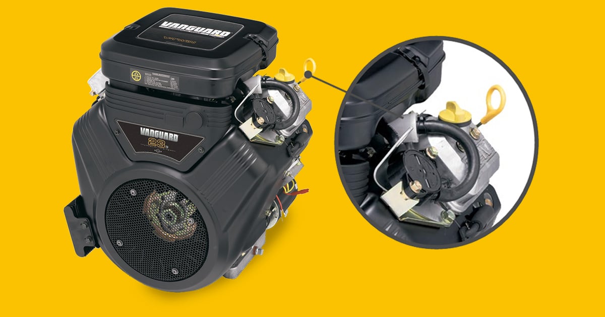 Vanguard 23 Gross HP Small Block Horizontal Shaft engine with a call out to the easy maintenance touch points.