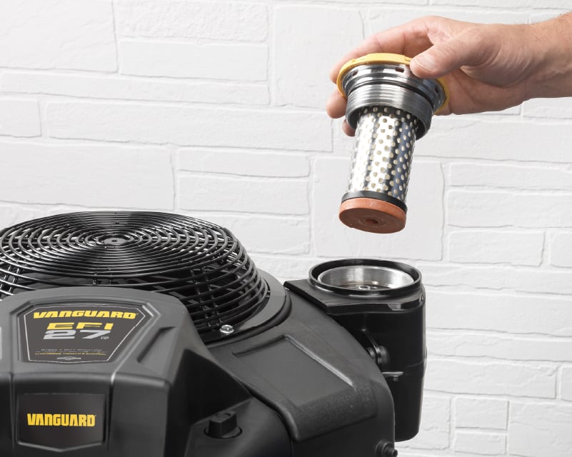 Replacing oil filter on a 27.0 HP EFI/ETC Vanguard V-twin vertical shaft engine with patented Oil Xtend.
