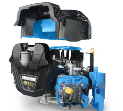Exploded view of the reborn Vanguard BIG BLOCK V-twin vertical shaft engine with each of the new cooling upgrades highlighted in blue.