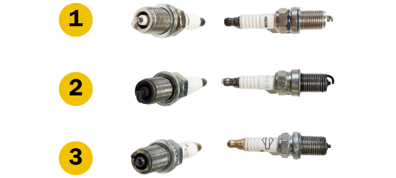 Comparison Clean vs. dirty vs. broken spark plug