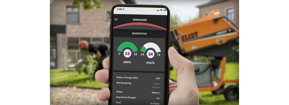  A lithium-ion battery powered commercial lawn mower being charged.
